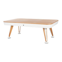 Modern white and natural wood coffee table with minimalist design and smooth, rounded edges.