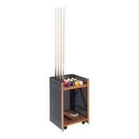 Black perforated storage cart with a natural wood surface, featuring colorful billiard balls and cue sticks.
