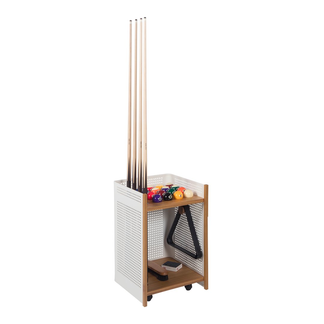 White perforated storage cart with natural wood accents, featuring colorful billiard balls and pool cues.