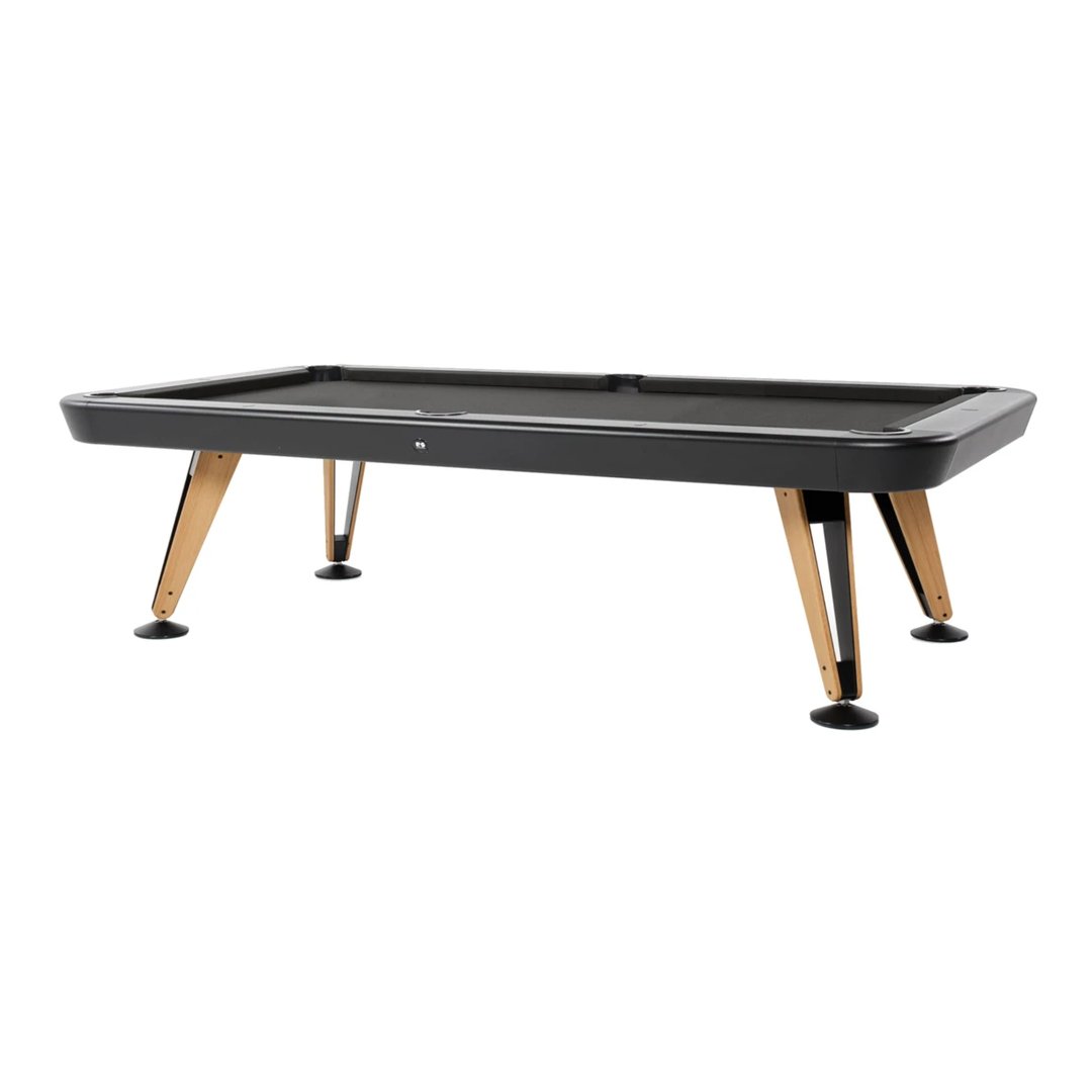 Black billiard table with sleek wooden legs and a stylish finish, perfect for modern game rooms.