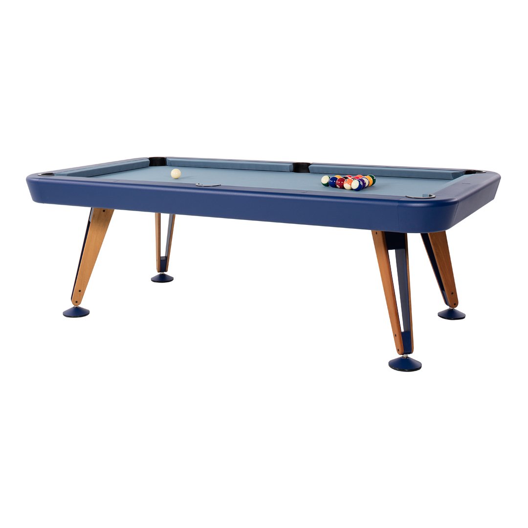 Blue pool table with light blue felt and wooden legs, featuring a colorful set of billiard balls.