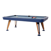 Blue pool table with light blue felt and wooden legs, featuring a colorful set of billiard balls.