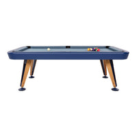Navy blue pool table with light blue felt and natural wood legs, featuring colorful billiard balls.