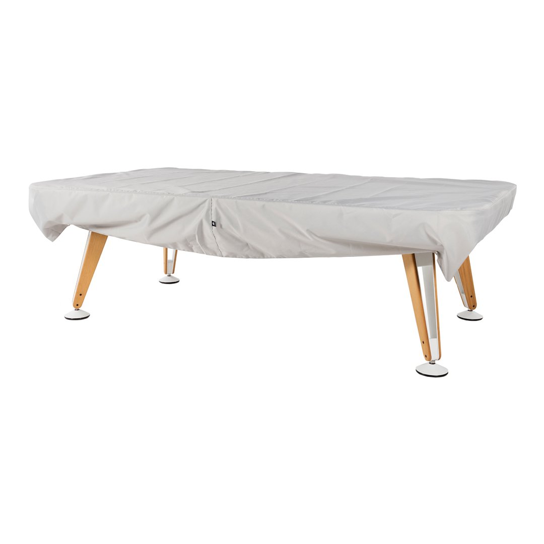 Light gray cover with subtle texture, complemented by natural wood legs and sleek white feet. Perfect for modern decor.