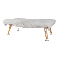 Light gray cover with subtle texture, complemented by natural wood legs and sleek white feet. Perfect for modern decor.