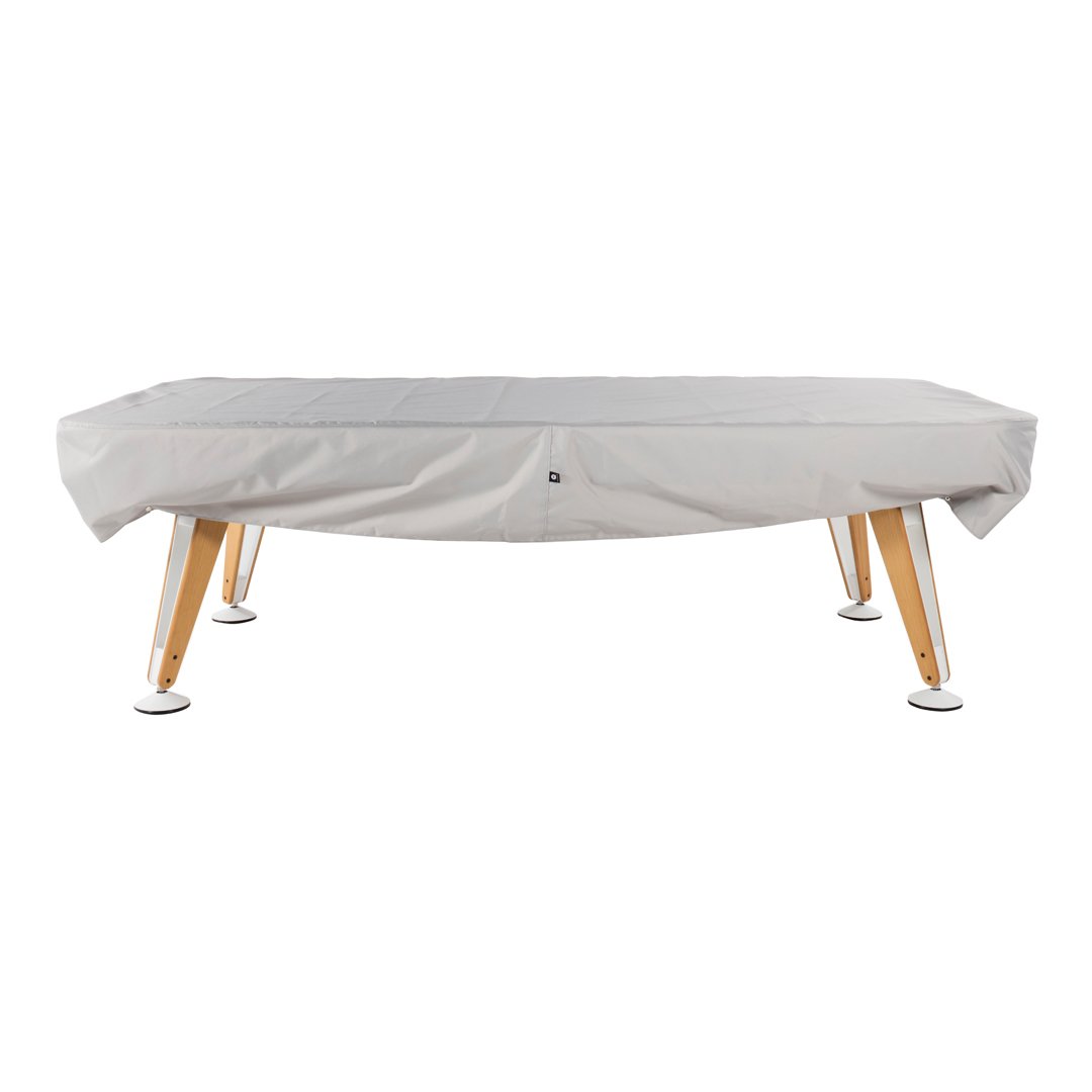 Light gray outdoor table cover with a sleek design and natural wooden legs. Perfect for stylish protection.