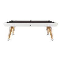 Modern pool table featuring a sleek black felt surface and a white frame with natural wood legs.