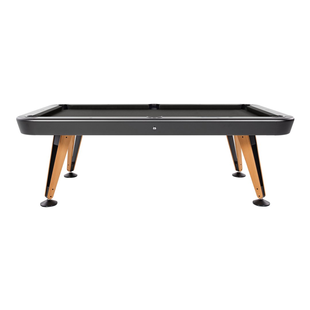 Black billiard table with wooden legs, featuring a sleek design and smooth surface for an elegant look.