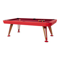 Red pool table with a matching felt surface and natural wood legs, showcasing sleek modern design and vibrant colors.