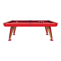 Red pool table with wood legs and black trim, featuring a matching red felt surface and colorful billiard balls.