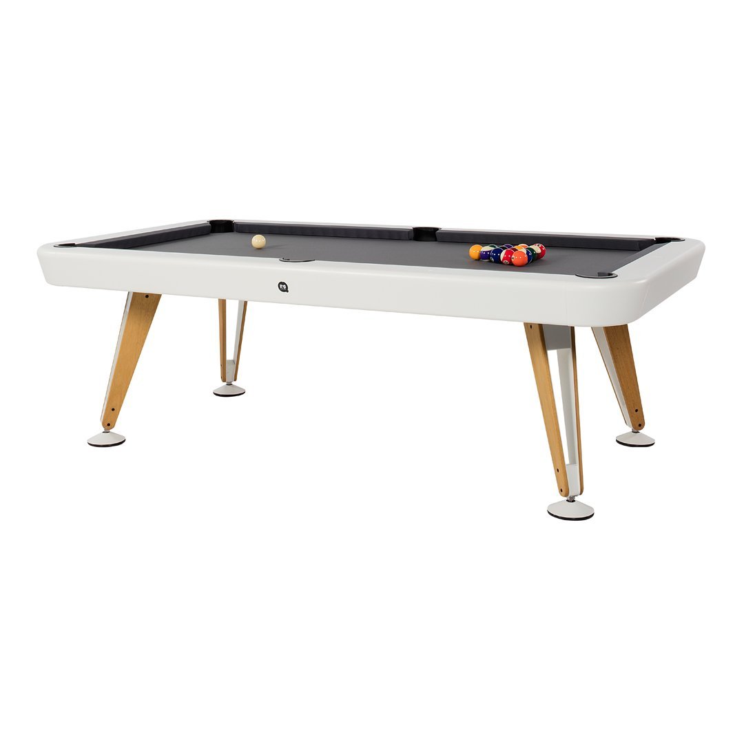 Modern white pool table with a sleek gray felt surface and natural wood legs, featuring colorful billiard balls.