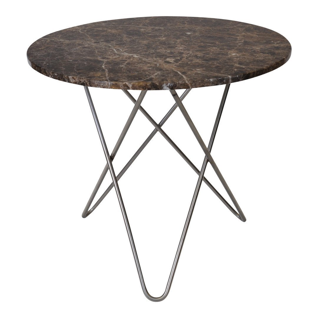 Round marble table with dark brown surface and white veining, supported by a sleek, geometric metal base.