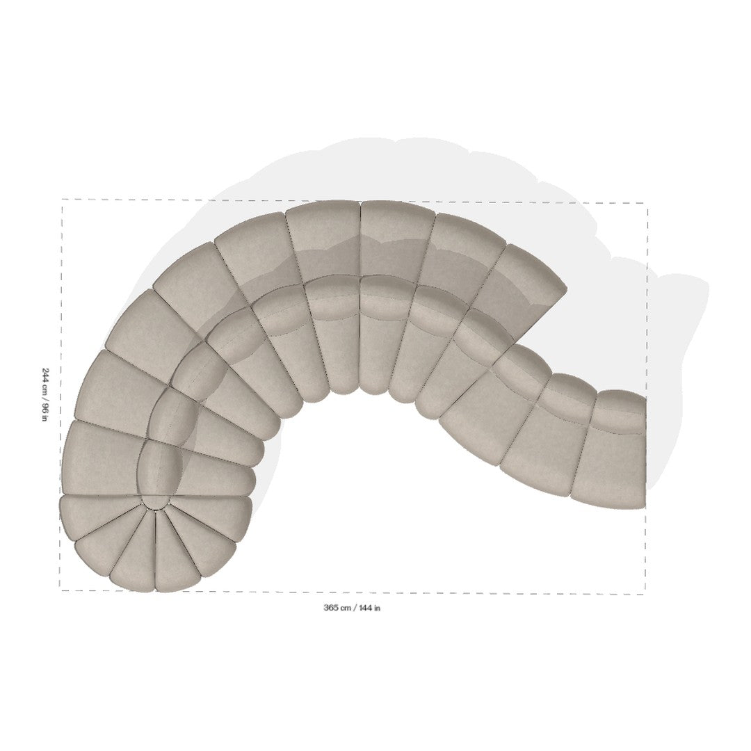 Curved sectional sofa in soft beige fabric, featuring plush, rounded cushions for a modern, cozy aesthetic.
