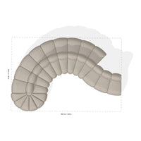 Curved sectional sofa in soft beige fabric, featuring plush, rounded cushions for a modern, cozy aesthetic.