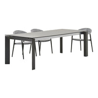 Gray rectangular dining table with black legs and four textured gray chairs. Simple, modern design with minimal patterns.