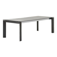 Rectangular dining table with a sleek gray top and black metal legs, featuring a modern minimalist design.