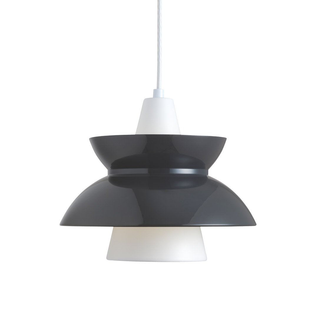 Modern pendant lamp featuring a sleek black and white design with smooth, overlapping curves. Perfect for contemporary decor.