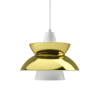 Gold and white modern pendant light with a sleek, reflective design and elegant curved silhouette.