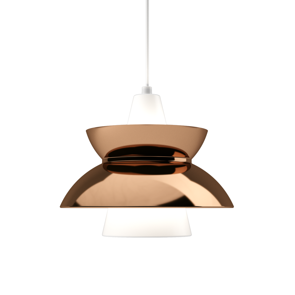 Copper and white pendant lamp with a sleek, modern design and smooth, reflective surfaces. Perfect for contemporary decor.