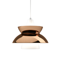 Copper and white pendant lamp with a sleek, modern design and smooth, reflective surfaces. Perfect for contemporary decor.