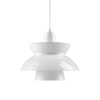 Modern white pendant lamp with layered design and smooth glossy finish. Ideal for contemporary decor.