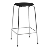 Black round top bar stool with sleek chrome legs and a minimalist design. Perfect for modern decor.