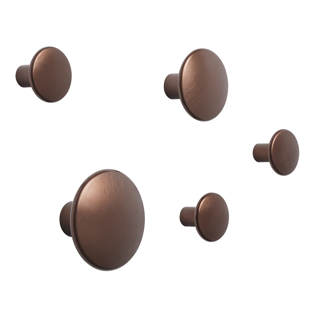 Set of five round bronze cabinet knobs featuring a smooth matte finish. Ideal for modern home decor.