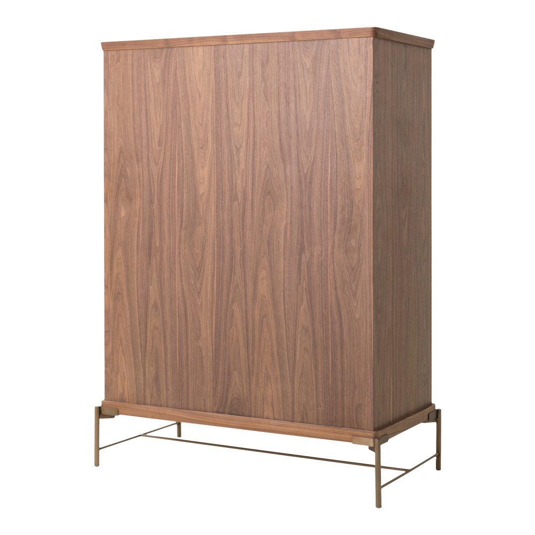 Wooden cabinet with rich walnut finish and sleek, minimalist design on a metallic base.