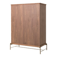 Wooden cabinet with rich walnut finish and sleek, minimalist design on a metallic base.