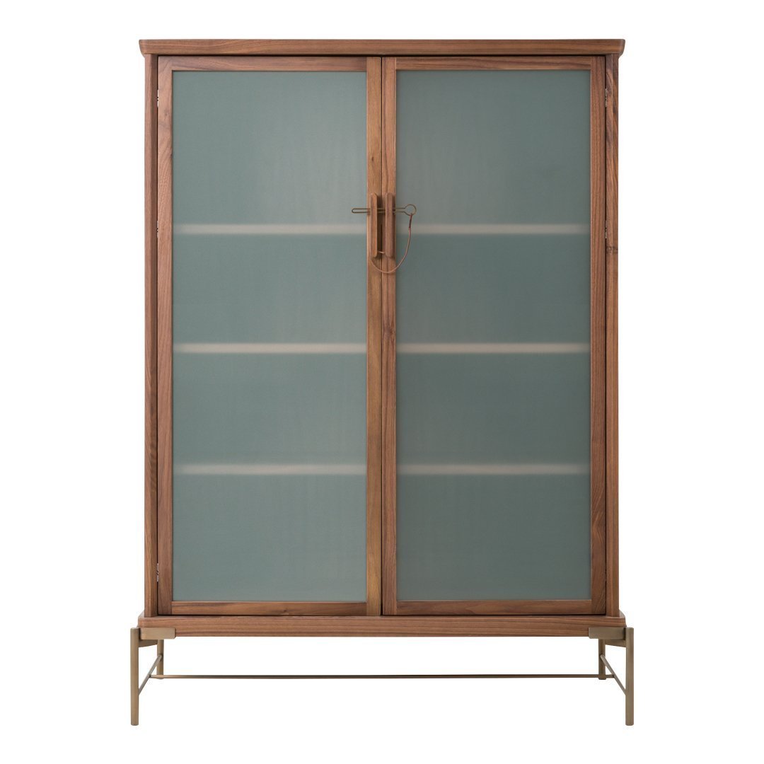Wooden cabinet with frosted glass doors and a brass frame, combining natural tones with sleek, modern patterns.