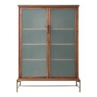 Wooden cabinet with frosted glass doors and a brass frame, combining natural tones with sleek, modern patterns.