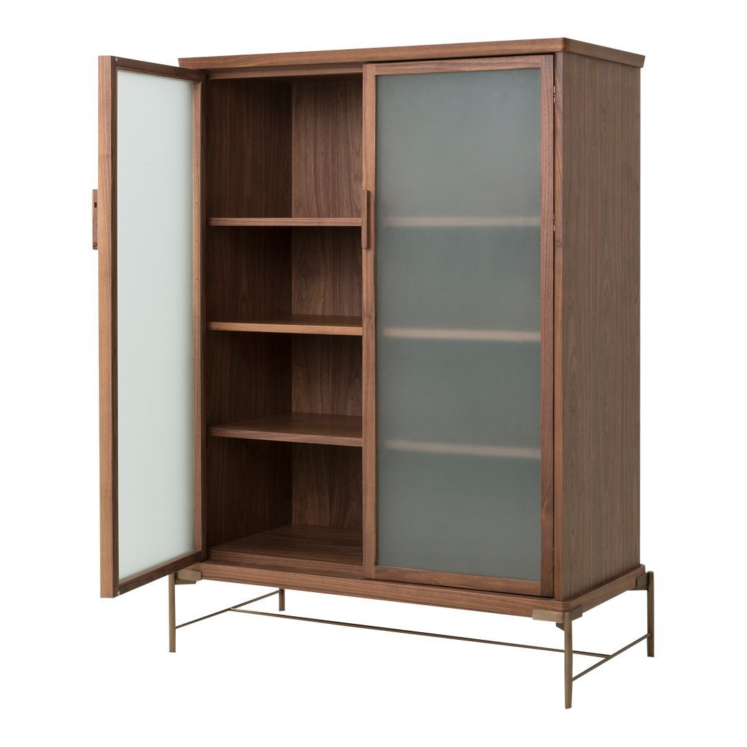 Wooden cabinet with a rich brown finish, frosted glass doors, and minimalistic metal base. Elegant, modern design.