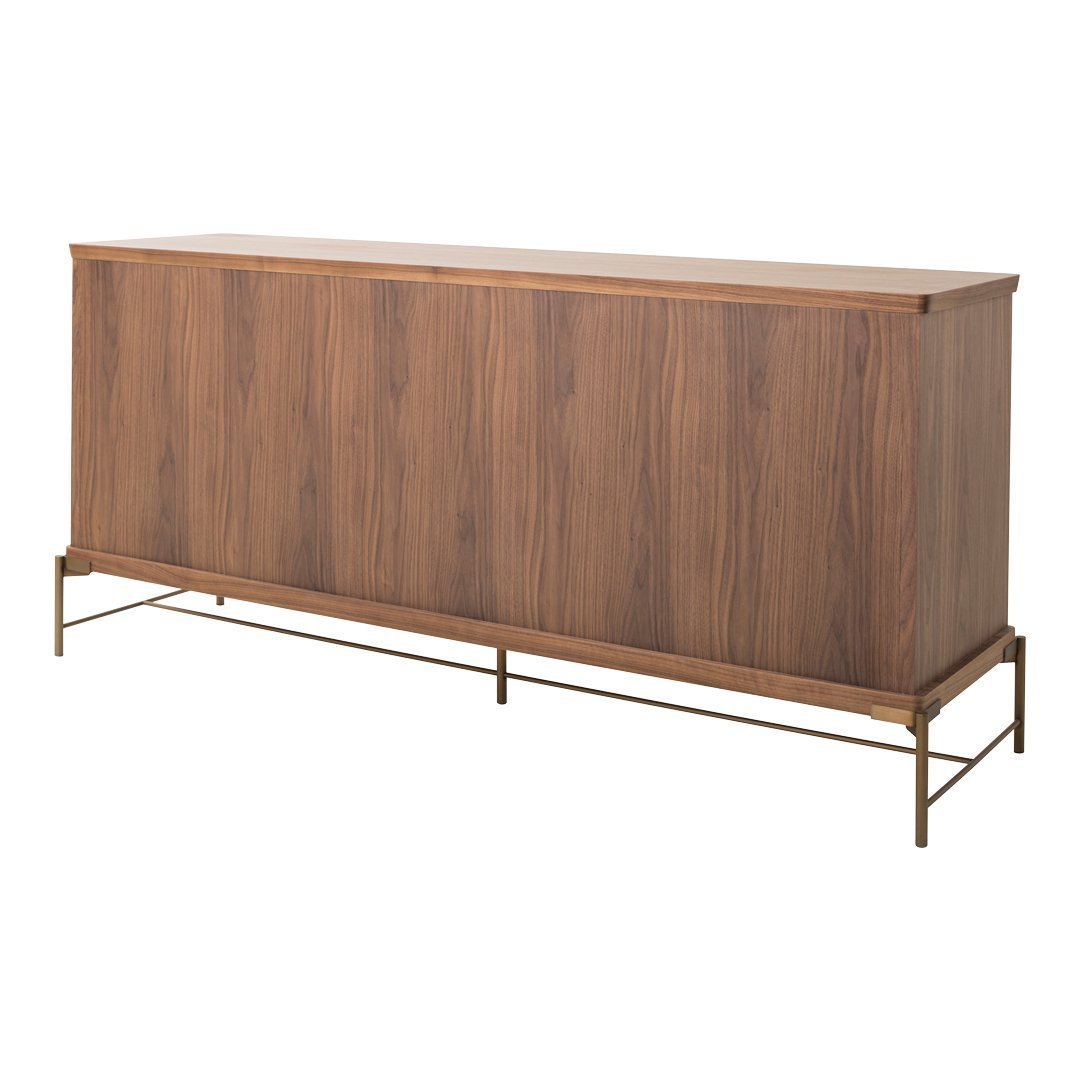Wooden sideboard in rich walnut finish with sleek, minimalist design and gold-tone metal legs.