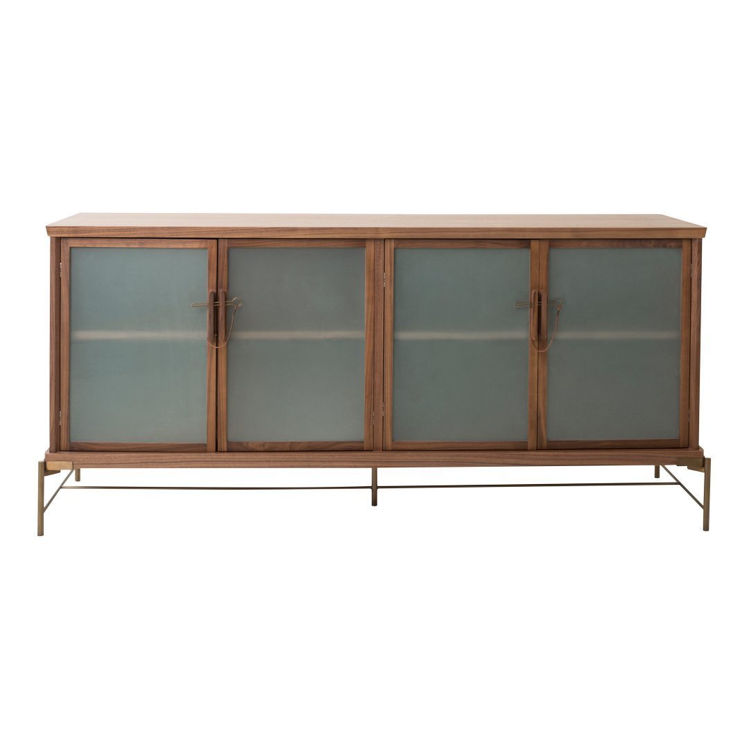 Wooden cabinet with a warm brown finish, featuring sleek frosted glass doors and a minimalist gold metal base.