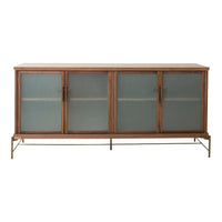 Wooden cabinet with a warm brown finish, featuring sleek frosted glass doors and a minimalist gold metal base.