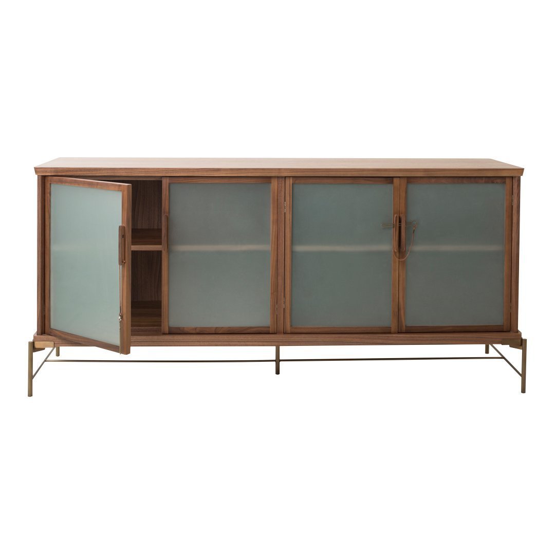 Wooden sideboard with frosted glass doors, featuring a warm brown finish and sleek gold hardware accents.