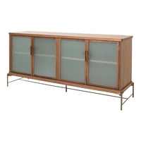 Light wood sideboard with frosted glass doors and a sleek metal frame, showcasing modern and versatile design.