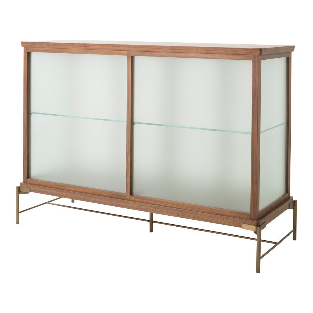 Wooden cabinet with glass shelves and a sleek, minimalistic design in brown and clear tones. Perfect for modern decor.