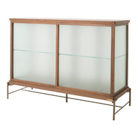 Wooden cabinet with glass shelves and a sleek, minimalistic design in brown and clear tones. Perfect for modern decor.