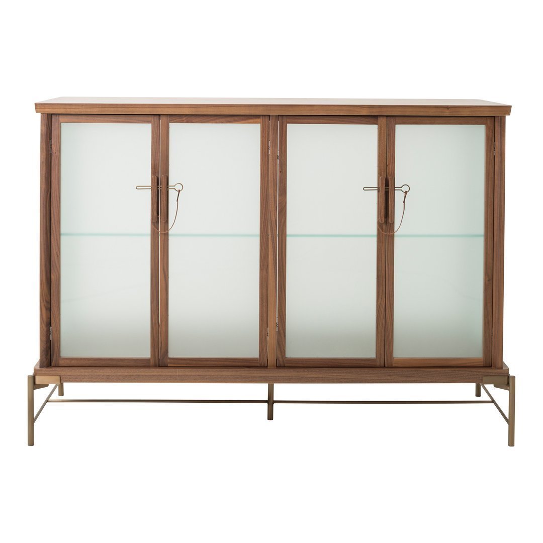 Wooden cabinet with a natural brown finish and frosted glass doors, featuring sleek metal handles.