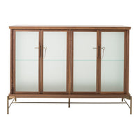 Wooden cabinet with a natural brown finish and frosted glass doors, featuring sleek metal handles.