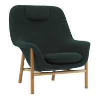Dark green upholstered chair with a minimalist design and wooden legs. Soft, curved lines for a modern look.