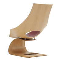 Modern wooden chair with a sleek, curved design featuring a soft pink accent and natural wood grain finish.