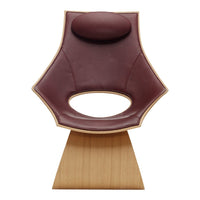 Modern chair featuring a rich burgundy leather seat and a natural wood base with a unique, sculptural design.