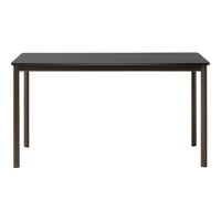 Black rectangular table with sleek, smooth surface and sturdy brown metal legs, perfect for modern interiors.