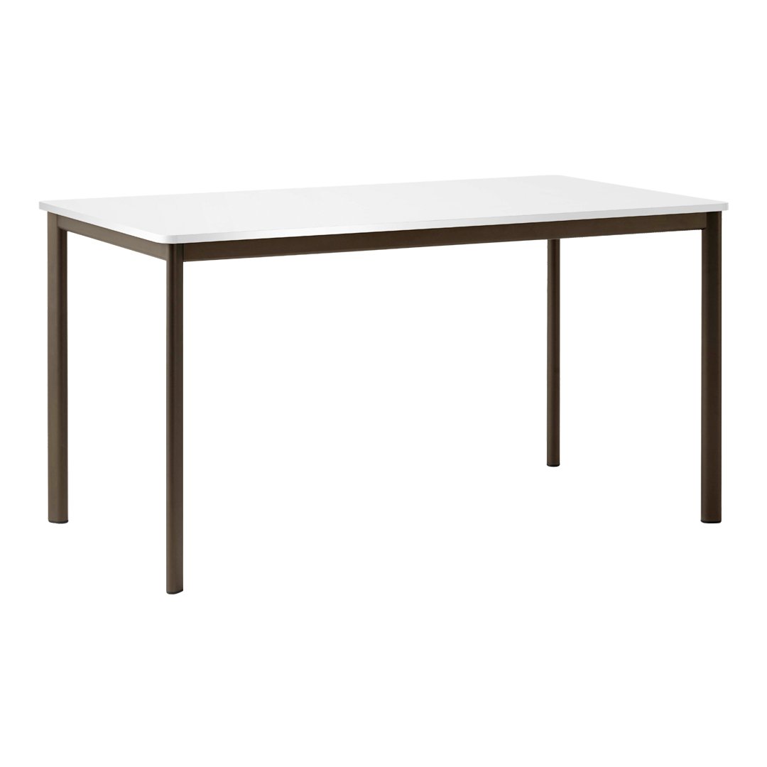 Modern rectangular table with a sleek white top and minimalist brown metal legs. Perfect for any contemporary space.