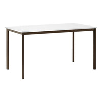 Modern rectangular table with a sleek white top and minimalist brown metal legs. Perfect for any contemporary space.