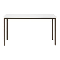 White tabletop with a smooth finish and dark brown metal legs, offering a modern and minimalist design.