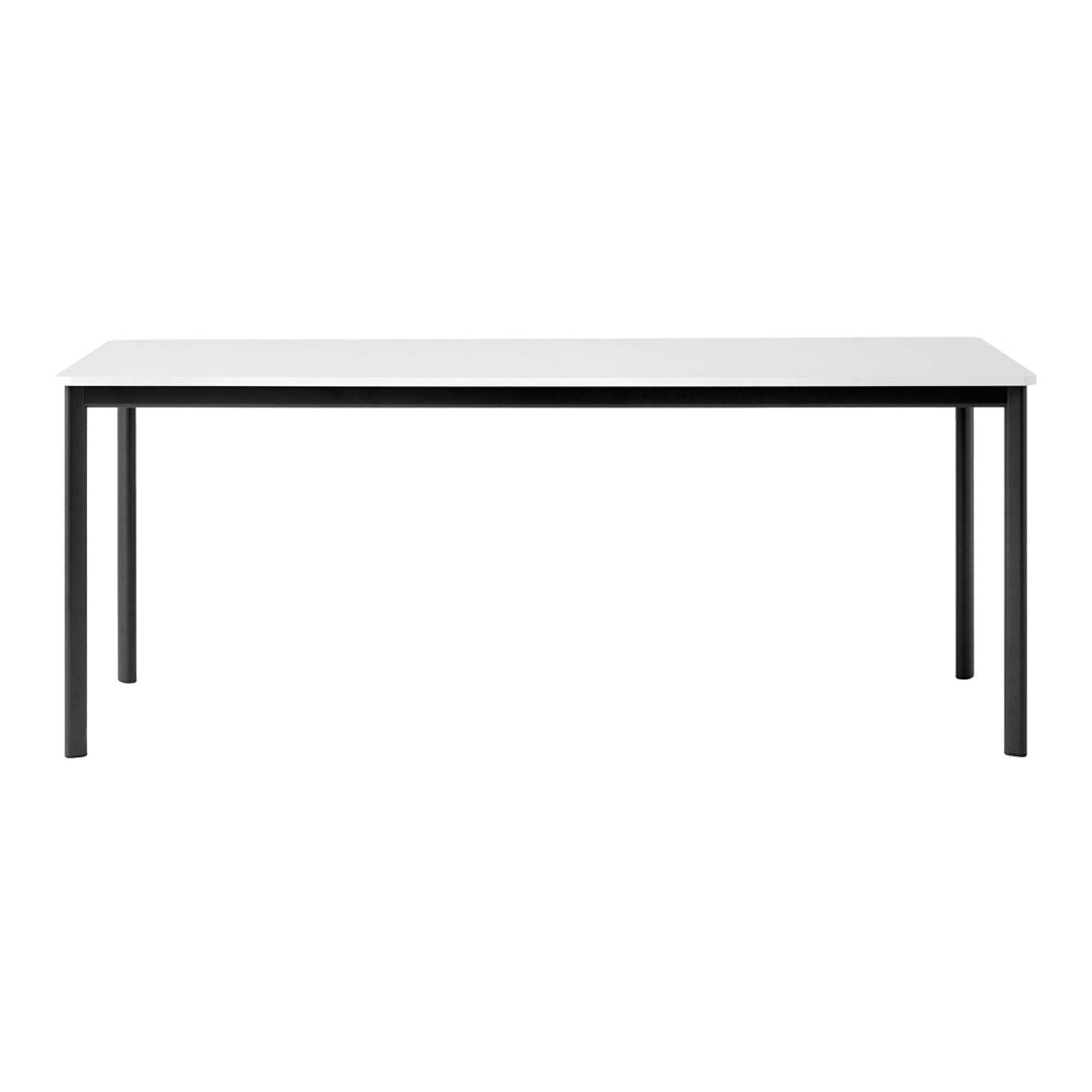 White tabletop with a sleek, minimalist design and black metal legs, offering a modern aesthetic for any space.