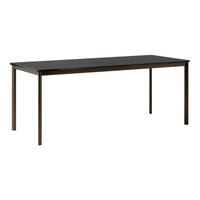 Sleek, modern black rectangular table with a minimalist design and dark brown metal legs. Ideal for any contemporary space.